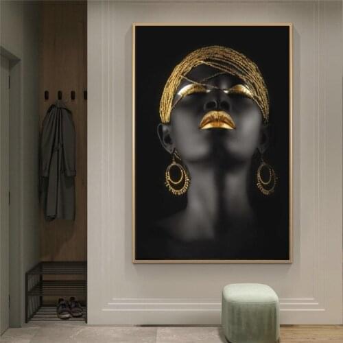 Black African Woman Oil Paintings on Canvas Golden Makeup Portrait Posters and Prints Scandinavian Wall Pictures Home Decoration