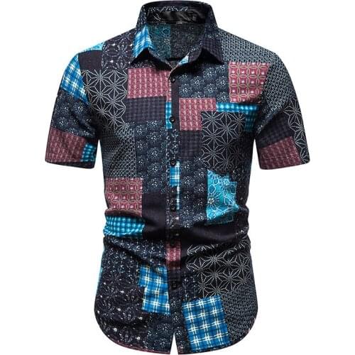 Mens Casual Ethnic Tribal Geometric Floral Paisley Print Short Sleeve Shirt Men Hawaiian Shirt Party Casual Holiday Shirts Male