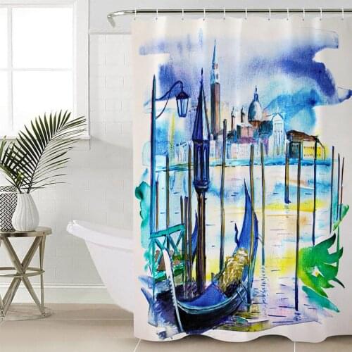 Building House Boat Watercolor Shower Curtain Bathroom Decorative Waterproof Polyester Fabric Curtain for Bathroom