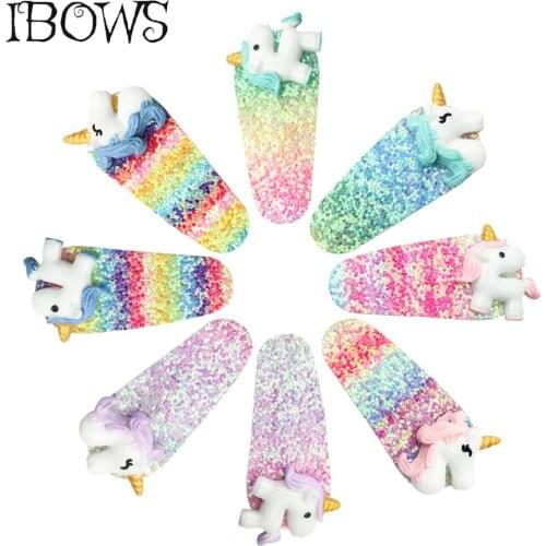 IBOWS Hair Accessories 2'' Rainbow Glitter Kids Hair Clip Handmade BB Hair Clips For Girls Sweet Barrette Hair Pins Headwear
