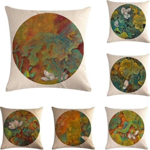 Chinese Retro Painting Style Lotus Cushion Covers Office Car Sofa Chair Home Decoration Cushion Cover Pillow Case ZY25
