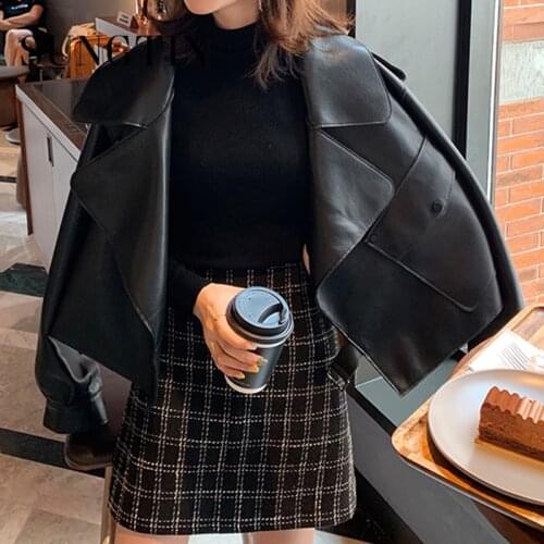 Sungtin cropped Faux Leather Jacket Women Casual PU Loose Motorcycle Jackets Female Streetwear Short Coat Korean Chic Pockets