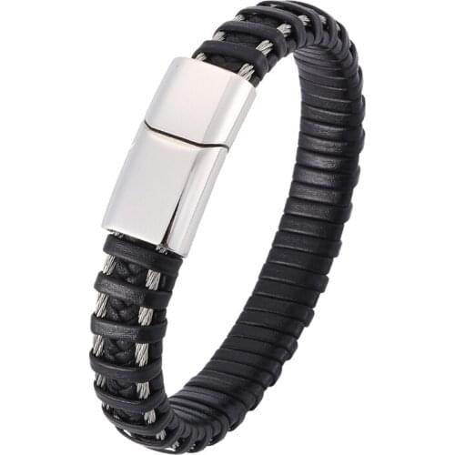 Trendy Men Wire Mixed Braided Leather Rope Bracelet Male Magnetic Buckle Bracelets Punk Men Wrist Band Leather Bracelet BB0397