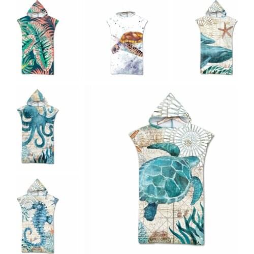 New Printed Retro Sea World Hooded Microfiber Fabric Bath Towels Beach Towel Changing Bathrobe Gym Fitness Bath Towels