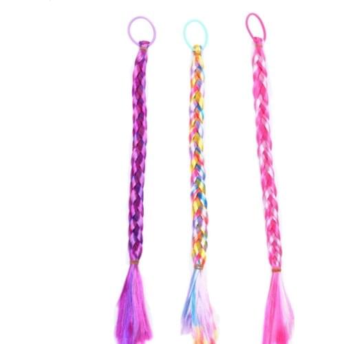 Rainbow Color Ponytail Flower Headbands with Long pigtail Kids Girls Princess Braid Wig Hairbands Hair Accessories