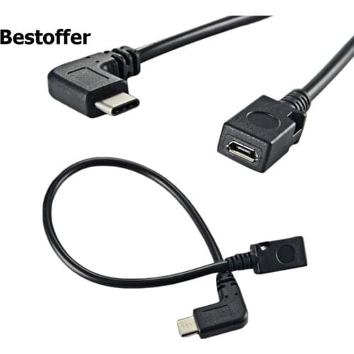 Micro USB Female to USB-C 3.1 Type-C Male 90 Degree Angle Converter Cable Adapter OTG Connector 0.25m