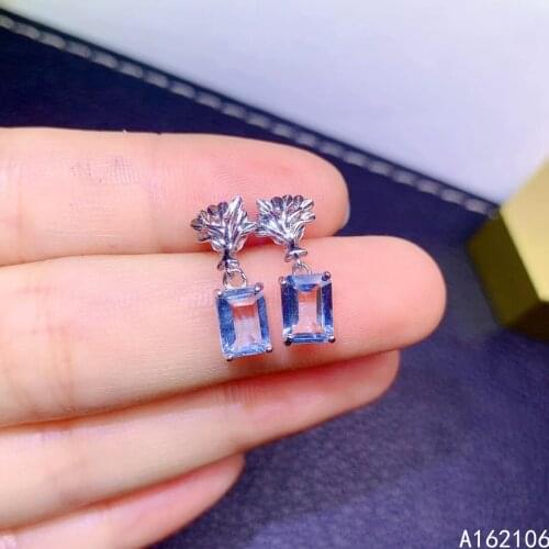 Fine Jewelry 925 Pure Silver Chinese Style Natural Aquamarine Girl Luxury Classic Rectangle Gem Earrings Ear Stud Support Detect