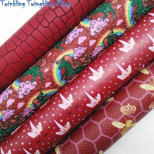 Wine Unicorn Printed Glitter leather, Crocodile and Bees Faux Fabric Sheet For Bow 21x29CM Twinkling Ming KM315