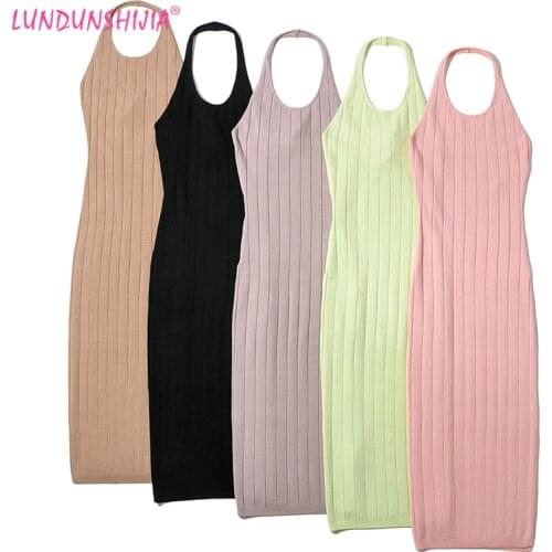 LUNDUNSHJIA U Neck Knitting Dress Bodycon Women Halter Neck Backless New Spring Summer Beach Sleeveless Sexy Slit Long Dresses