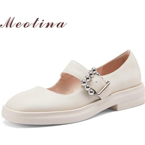 Meotina Genuine Leather Flats Shoes Women Round Toe Flats Mary Janes Shoes Bucke Strap Dress Female Footwear Black Spring 2021