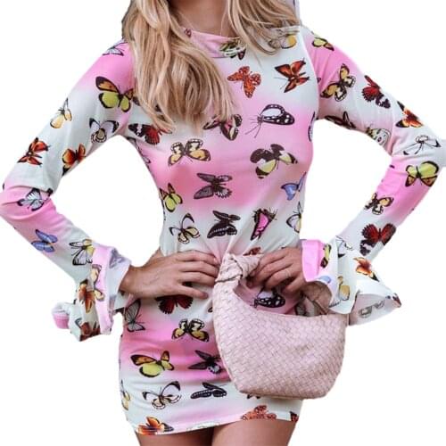 Women Flare Sleeve Butterfly Print Dress Hot Fashion Long Sleeve Dresses vestido de mujer for Party Daily Wear Clothing