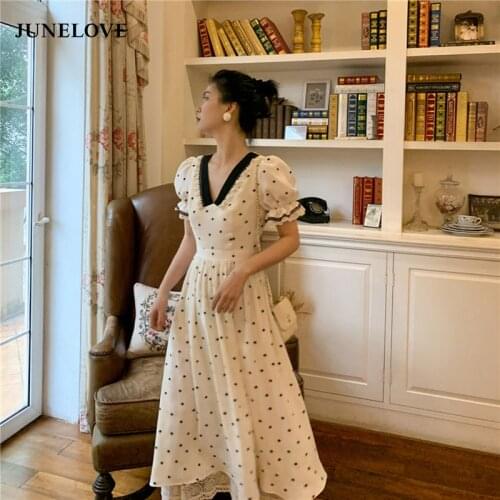 JuneLove Women Summer Short Lantern Sleeve Midi Dress Vintage Polka Dot Female Boho Dress Casual Holiday Lady Party Vestidos