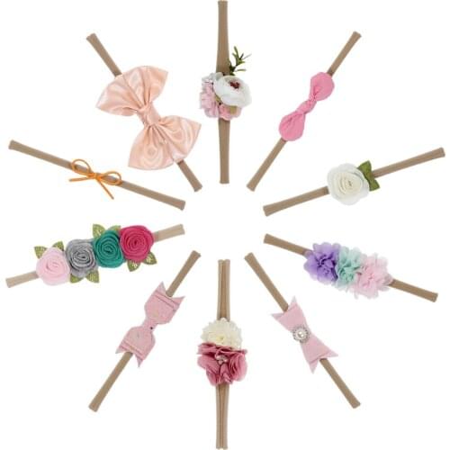 Nishine 10pcs/lot Newborn Hair Bows Flower Headband Elastic Kids Handmade Headbands Set Hair Accessories Birthday Gift
