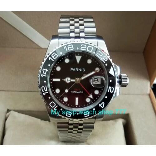 40MM PARNIS GMT Automatic Self-Wind movement black Ceramic bezel Sapphire Crystal luminous mens watch PA34-8