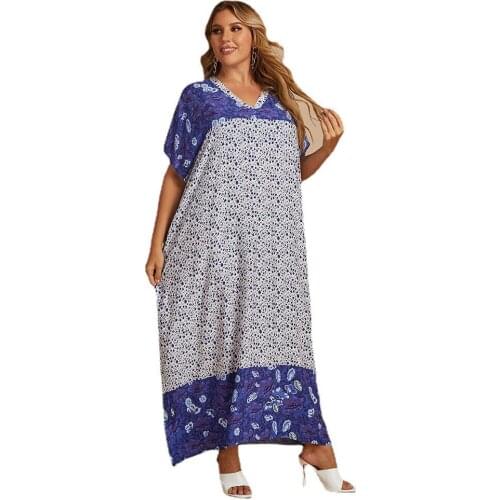Print Summer Dresses Loose Plus Size Women Robes Print V-neck Bohemian Long Maxi Dress for Women TJR8075