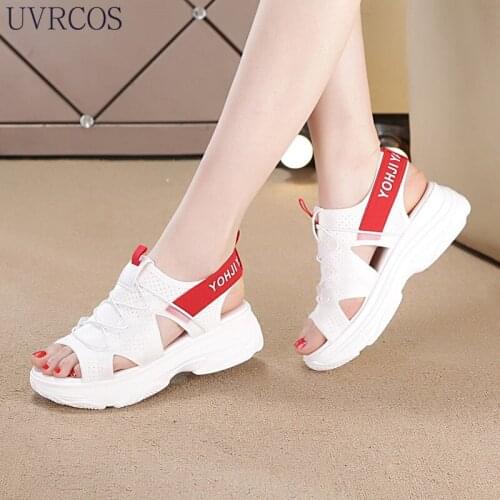 Fashionable Open-toed Sports Sandals Elastic Sneaker White Chunky Thick-soled Platform Shoes 2021 Summer New Womens Shoes 35-40