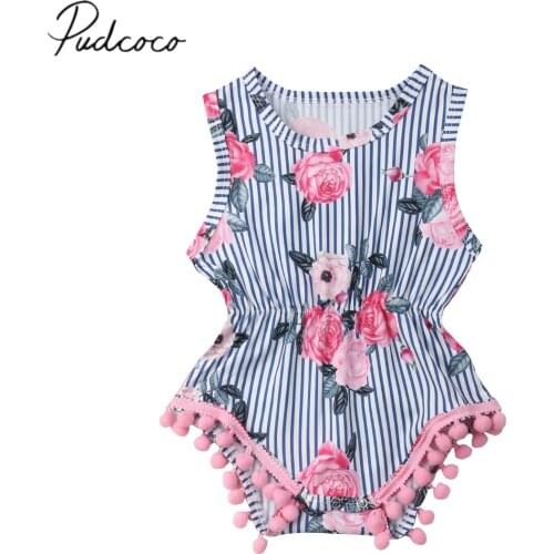 2019 Brand New Newborn Infant Kids Baby Girls Romper Sleeveless Tassel Ball Striped Floral Print Elastic Waist Jumpsuits Summer