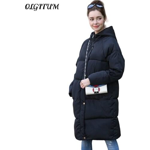 2019 Winter New Women Coat Long section Solid Color Casual Cotton Coats Loose hooded Warm with zipper jackets for women
