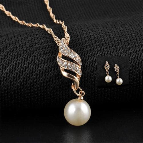 Pearl Imitation Necklace And Earrings Rhinestone Bridal Wedding Jewelry Set