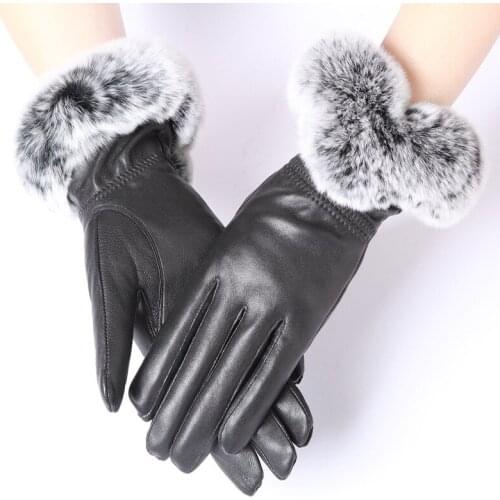 Leather Gloves Female Sheepskin Rex Rabbit Fur Sheepskin Gloves Winter Thick Plus Cashmere Leather Gloves Touch Screen