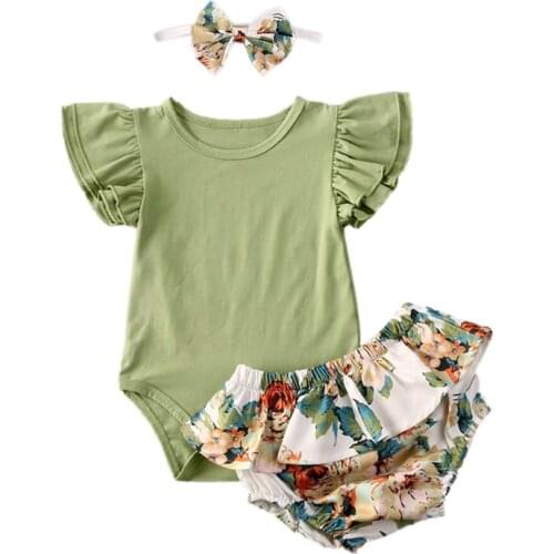 Pudcoco 3Pcs 0-24M New Baby Girl Clothes Summer Toddler Kids Short Sleeve Romper Tops+Floral Shorts+Headband Outfits Sets