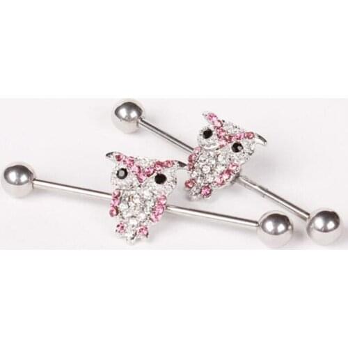 SaYao 1piece Surgical Stainless Steel 1.6*38*6mm14G Night Owl Long Industrial Barbell Crystal Owls Body Ear Piercing Jewelry