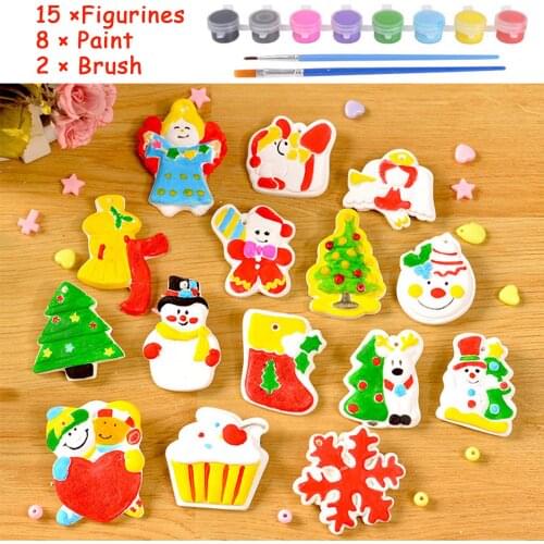 Plaster Painting Kit Painting Your Own Figurines 15pcs Figurines with 8 Pots Paint and 2pcs Brushes for Kids Christmas Gifts