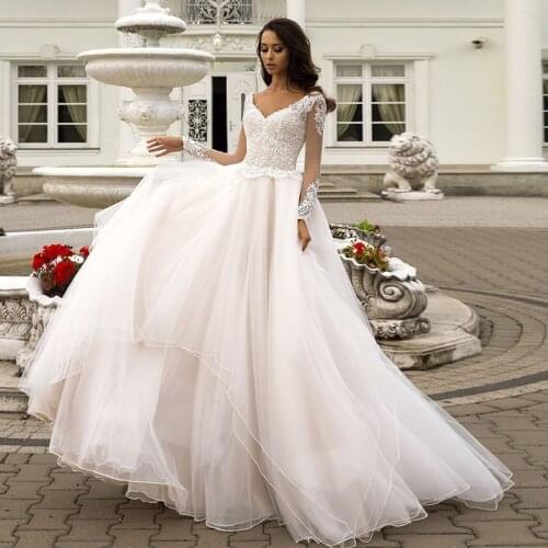 Luxury A Line Wedding Dresses V neck Appliques Organza Illusion Long Sleeves Wedding Dress Bridal Gowns vestido de noiva