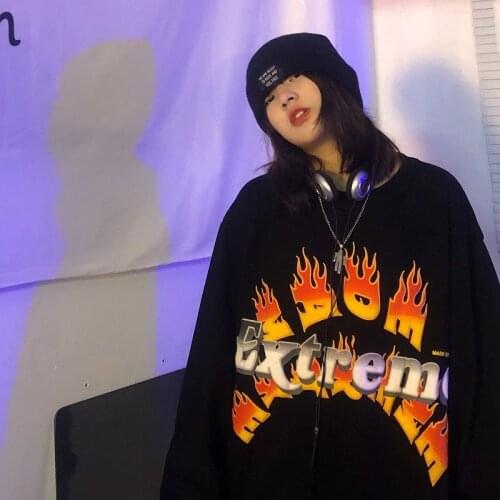 Loose plus size sweatshirt European American style hip-hop flame letter printing high streetwear harajuku hoodie tops