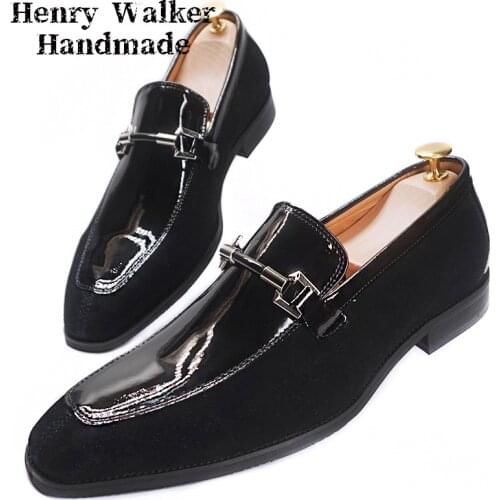 Fashion Brand Men Shoes Patent Leather Horsebit Loafers Patchwork Nubuck Leather Dress Shoes Office Wedding Banquet Shoes Men