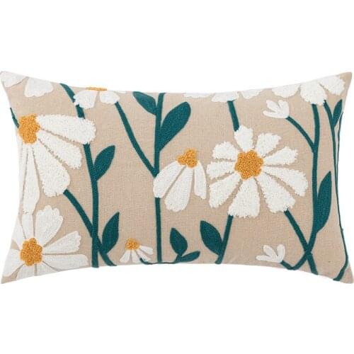 Embroidered Lumbar Cover Daisy Flower Pillowcase Cotton Sofa Chair Back Cushion Cover Car Home Decoratin green throw pillows