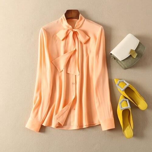 ElfStyle Ladies 2020 Silk & Viscose Blend White/Champagne/Orange Pink Long Sleeve Blouse Shirt With Ribbon