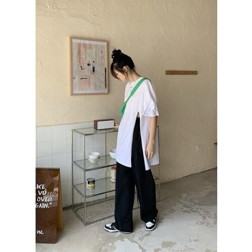 2021 New Korean Women Fashion T-shirt Side High Slit Long Solid Top Short Sleeve T-shirt White Loose T-shirt Y2K Street Style