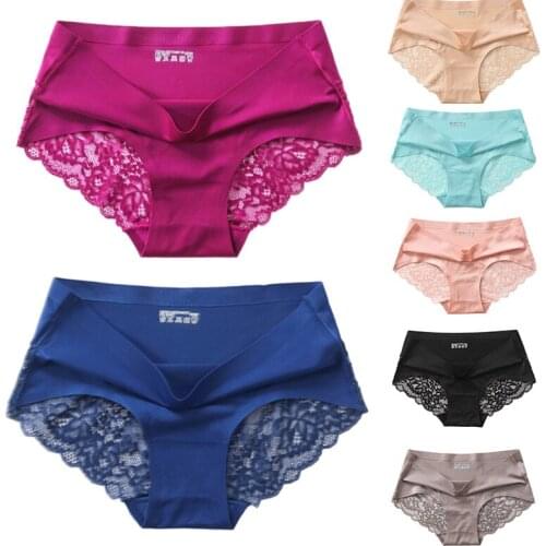 Womens Sexy Lace Edge Seamless Panties Breathable Mid-Waist Cotton Triple-cornered Panties