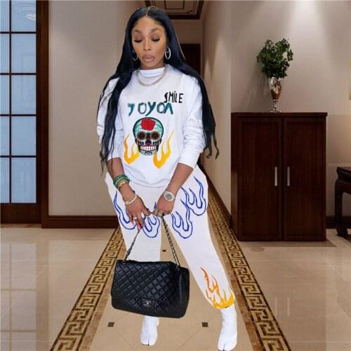 Brand New Women Casual Clothing Set, Flame Skull Print Long Sleeve O-neck Pullover + Elastic Waist Trousers for Spring, Fall