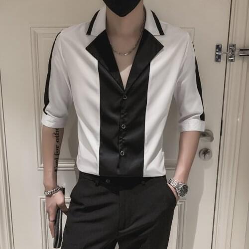 2021 Summer Shirts Men Fashion Splicing Short Sleeve Casual Shirt Slim Fit Streetwear male clothes Social Party nightclub Blouse