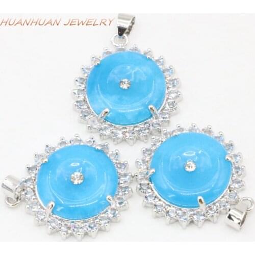 27mm Silver-Color Stainless Steel Flat Round Pendants Natural Blue Jades Stone Pendants For Women Chain Necklace Jewelry B3354