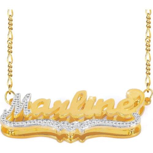 Two Tone Gold Plated Personalized Double Plate 3D Name Necklace with Heart Women Gift