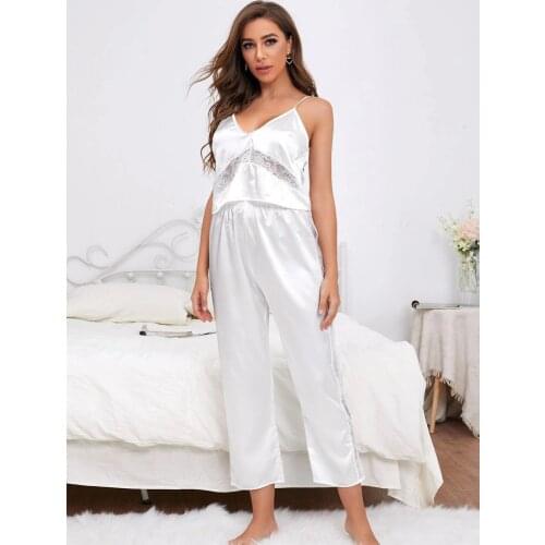 Elegant Satin Pajama Set Contrast Lace Sleepwear Sexy Lingerie White Camisole with Pant Soft Loungewear