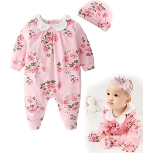 Newborn Girl Cotton Footies 1piece Overall with Cap Baby Girls Floral Footies Infant Girls Spring Clothes Born 3m 6m 9m Gift