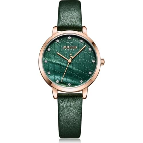 Julius Watch Green Women Leather Fashion Stylish Quartz Wristwatch Rosegold Stainless Steel Back case JA-1178