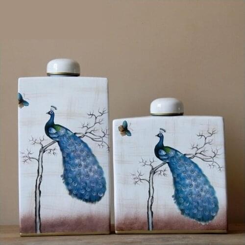 Jingdezhen Ceramics jar Square Ornaments Home Accessories Chinese Creative Combination Hand-painted Peacock Square porcelain jar