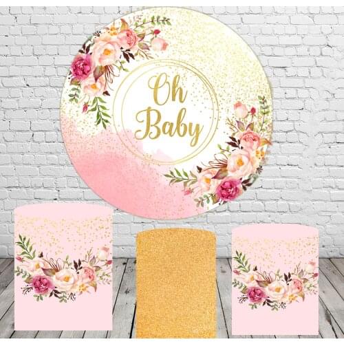 Oh Baby Shower Round Background Circle Backdrop Gold Flower Cylinder Covers Elastic Fabric Photocall Party Decoration Pink Girl