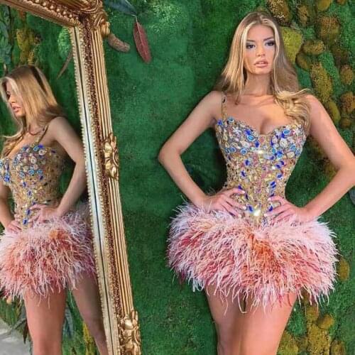 Sequined Beading Fashion Sexy Spaghetti Strap Feathers Women Mini Party Dress 2021 Luxury Club Ball Gown Slim Vestidos LF328