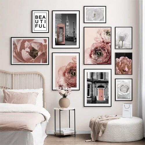 Pink Tulip White Rose London Street Door Wall Art Canvas Painting Nordic Posters And Prints Wall Pictures For Living Room Decor