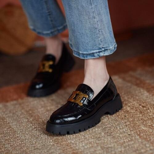 2021 New Shoes For Women Patform Flats shoes leather flats Round Toe Genuine Leather Loafers Clunky Footwear Spring