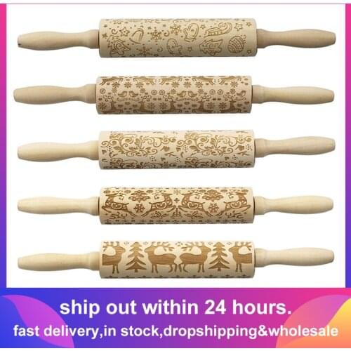 Christmas Embossing Rolling Pin Baking Cookies Noodle Biscuit Fondant Cake Dough Engraved Roller Reindeer Snowflake