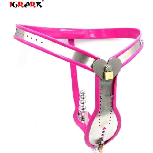 Pink silicone stainless steel chastity belt panty with anal plug metal cock cage male chastity device men penis cbt sex toys