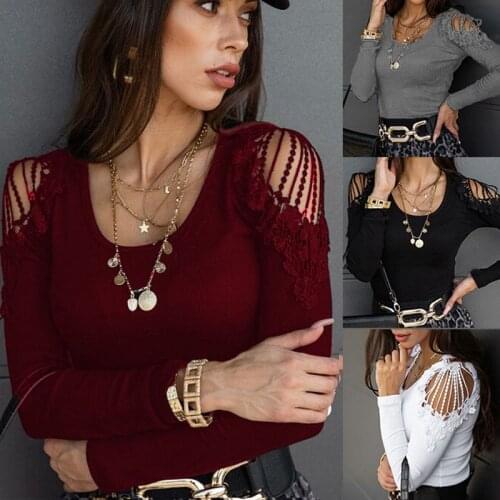 Sexy Off Shoulder Lace Solid Color T Shirts Fashion Casaul Tops Womens Long Sleeved Basic Tees All-match O Neck Slim Pullovers