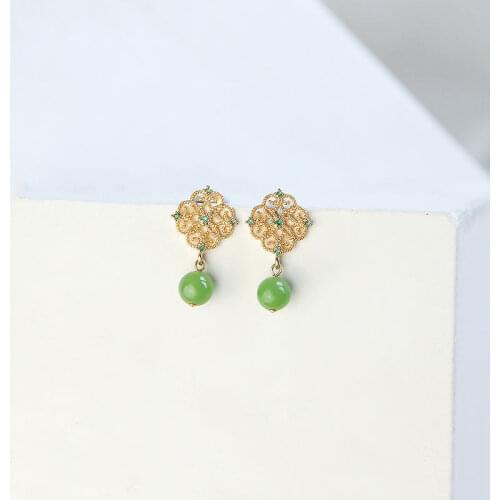 Natural Hetian Jade Chinese Retro Earrings S925 Sterling Silver Stud Earrings Carved Eardrop Earring Elegant Silver Accessories
